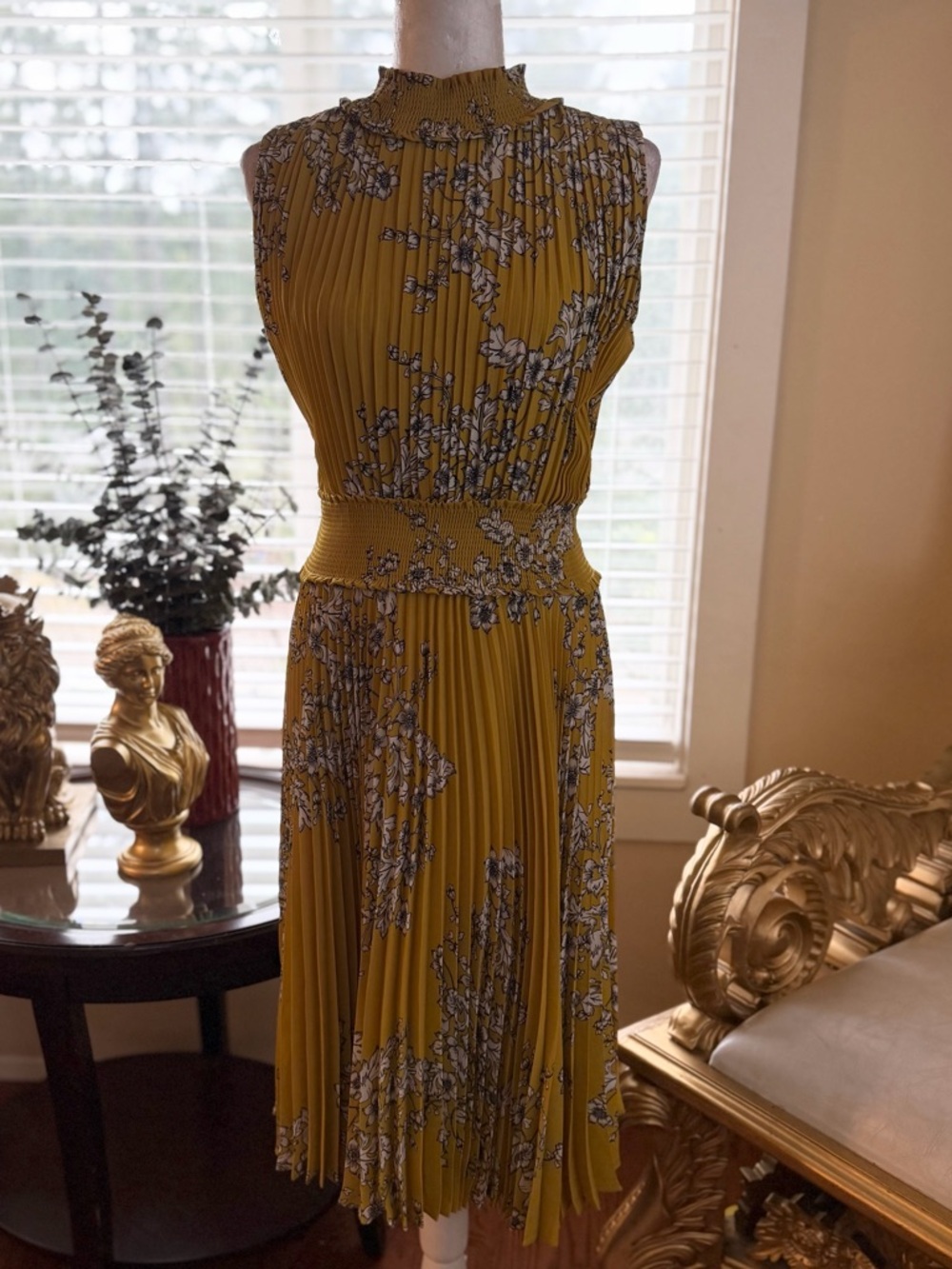 Nanette Lepore Mustard Floral Pleated Midi Dress